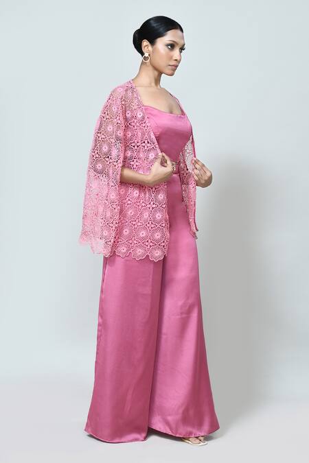 Sayisha_Pink Silk Round , Scoop Lace Work Cape Palazzo Set _Online_at_Aza_Fashions