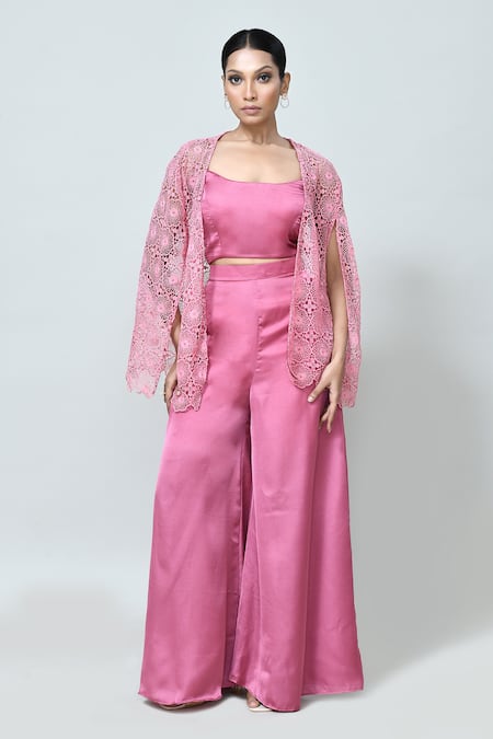 Buy_Sayisha_Pink Silk Round , Scoop Lace Work Cape Palazzo Set _Online_at_Aza_Fashions