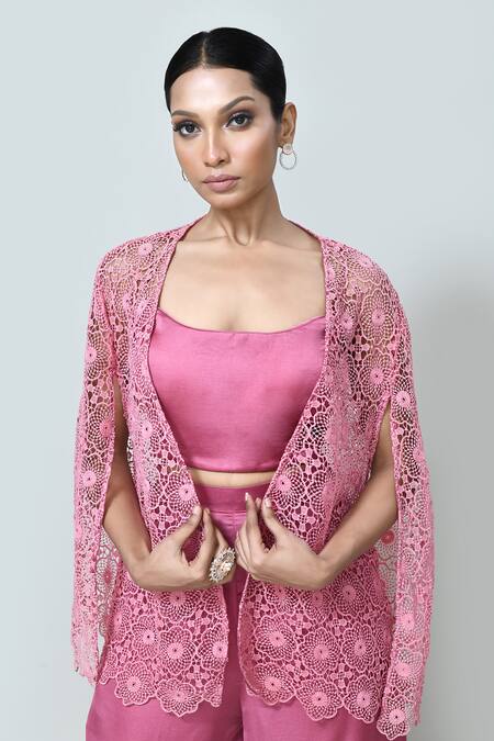 Buy_Sayisha_Pink Silk Round , Scoop Lace Work Cape Palazzo Set 