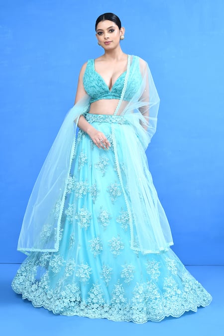 Buy_Sayisha_Blue Net, Embroidery, V-neck Floral Lehenga Set _Online_at_Aza_Fashions