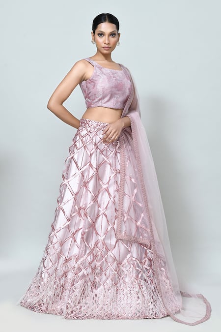 Buy_Sayisha_Mauve Net Sequins, Embroidery, Feathers Round Geometric Embellished Lehenga Set _Online_at_Aza_Fashions