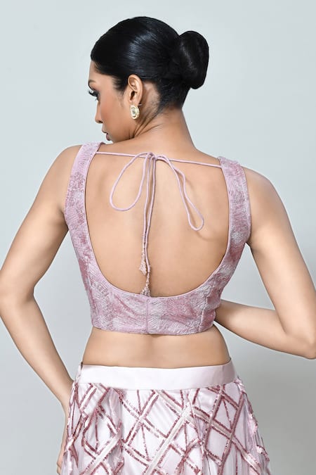 Shop_Sayisha_Mauve Net Sequins, Embroidery, Feathers Round Geometric Embellished Lehenga Set _Online_at_Aza_Fashions