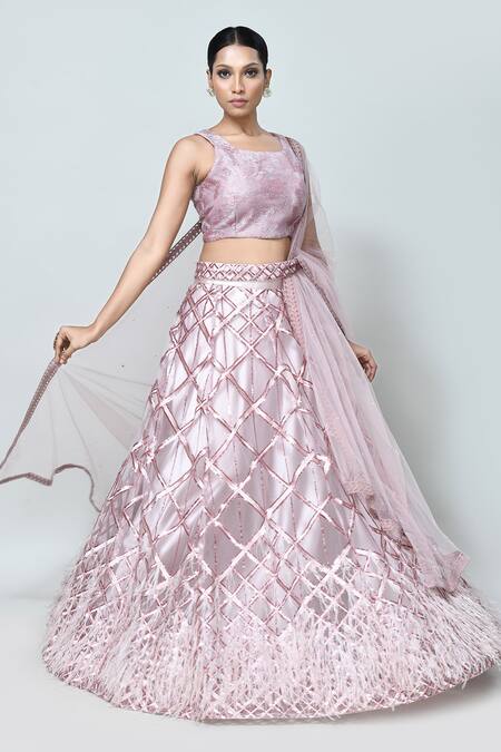 Buy_Sayisha_Mauve Net Sequins, Embroidery, Feathers Round Geometric Embellished Lehenga Set 