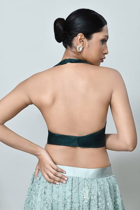 Sayisha_Mint Net, Silk Embroidery, Sequins V-, Halter Lehenga Set _Online_at_Aza_Fashions