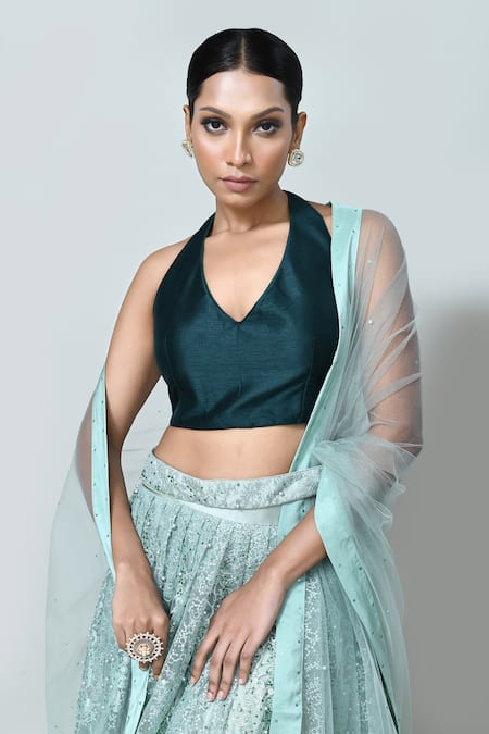 Sayisha_Mint Net, Silk Embroidery, Sequins V-, Halter Lehenga Set _at_Aza_Fashions