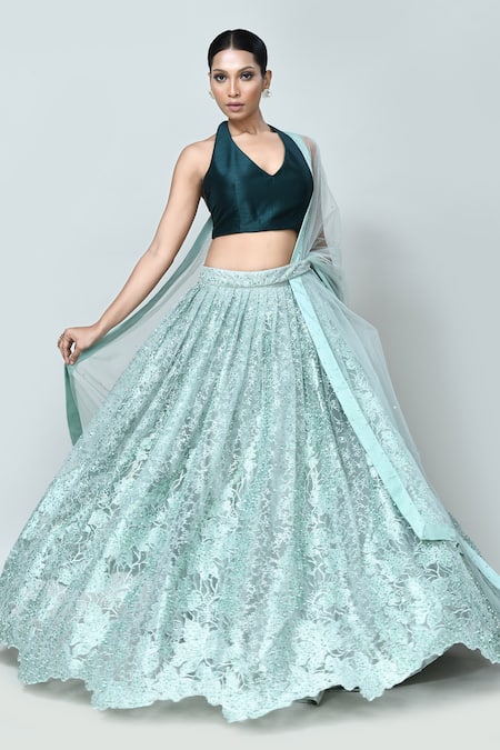 Buy_Sayisha_Mint Net, Silk Embroidery, Sequins V-, Halter Lehenga Set 