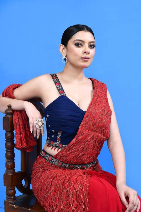 Sayisha_Red Georgette, Net Lace, Embroidery, Beads Work Draped Saree With Blouse _at_Aza_Fashions