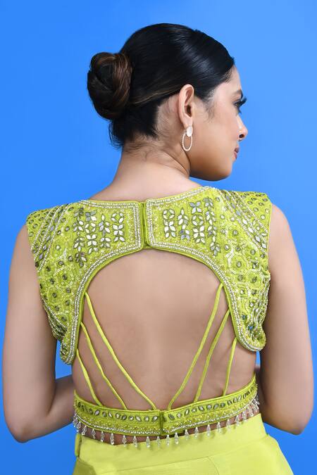 Sayisha_Green Chinon, Chiffon, Silk Embroidery, Mirrors, Pre-draped Saree With Blouse _Online_at_Aza_Fashions