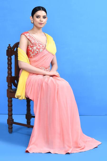 Sayisha_Pink Chinon, Chiffon, Silk Embroidery, Beads, Pre-draped Saree With Blouse _Online_at_Aza_Fashions