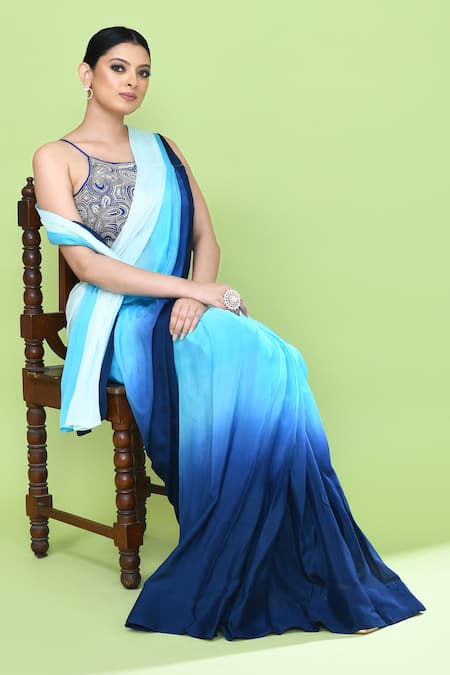 Sayisha_Blue Chinon, Chiffon, Crepe Embroidery, Ombre Pre-draped Saree With Blouse _Online_at_Aza_Fashions
