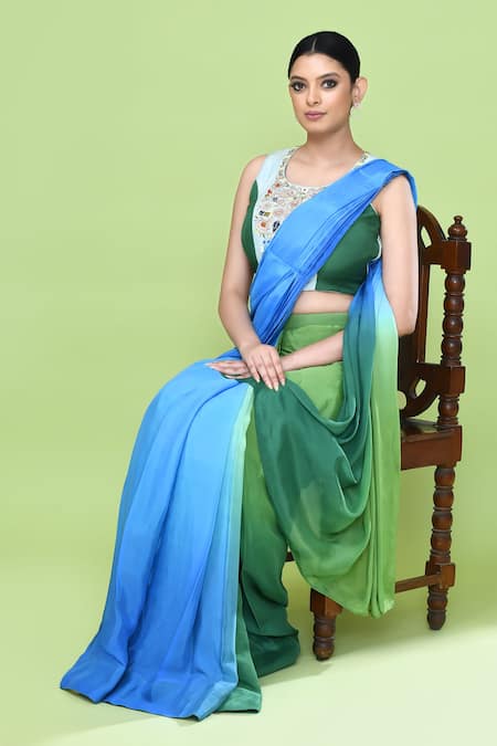 Sayisha_Blue Chinon, Chiffon, Muslin Embroidery, Colorblock Pre-draped Saree With Blouse _Online_at_Aza_Fashions