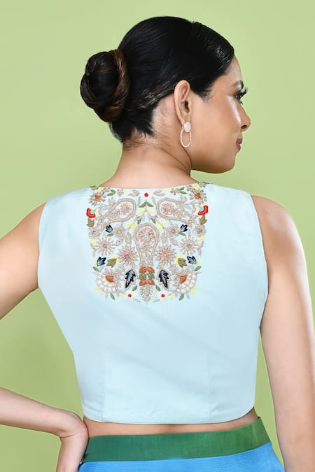 Shop_Sayisha_Blue Chinon, Chiffon, Muslin Embroidery, Colorblock Pre-draped Saree With Blouse _Online_at_Aza_Fashions