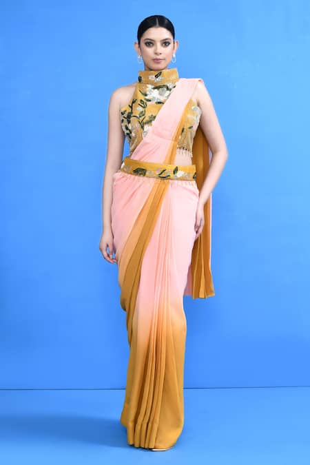 Sayisha Ombre Draped Saree With High Neck Blouse 