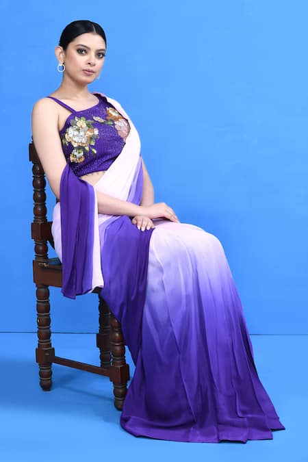 Sayisha_Purple Chinon, Chiffon, Silk Beads, Ombre Draped Saree With Neck Blouse _Online_at_Aza_Fashions