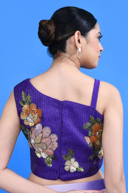 Sayisha_Purple Chinon, Chiffon, Silk Beads, Ombre Draped Saree With Neck Blouse _at_Aza_Fashions