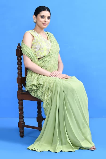 Sayisha_Green Georgette, Net Lace, Embroidery, Beads Work Draped Saree With Blouse _Online_at_Aza_Fashions