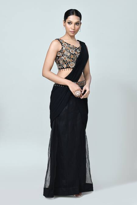 Sayisha_Black Georgette, Net, Crepe Embroidery, Beads Pre-draped Saree With Blouse _at_Aza_Fashions