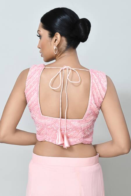 Buy_Sayisha_Peach Georgette, Net Beads, Embroidery Square Neck Pre-draped Saree With Blouse 