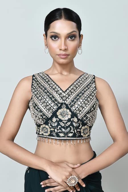 Buy_Sayisha_Green Georgette, Net Beads, Stones, Pre-draped Saree With Embellished Blouse _Online_at_Aza_Fashions