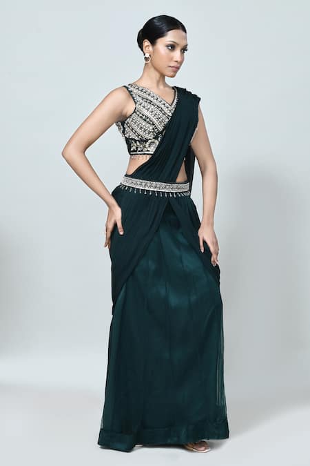 Shop_Sayisha_Green Georgette, Net Beads, Stones, Pre-draped Saree With Embellished Blouse _Online_at_Aza_Fashions