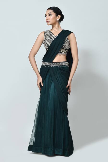 Sayisha_Green Georgette, Net Beads, Stones, Pre-draped Saree With Embellished Blouse _at_Aza_Fashions