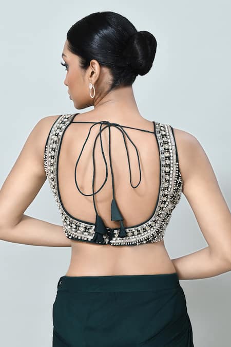 Buy_Sayisha_Green Georgette, Net Beads, Stones, Pre-draped Saree With Embellished Blouse 