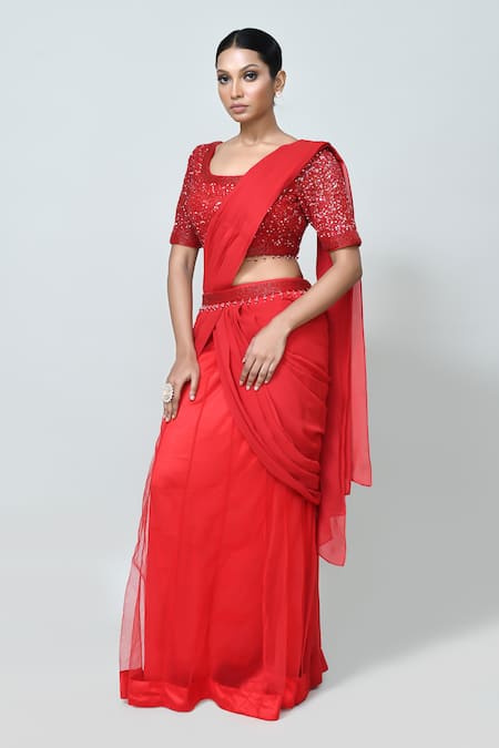 Sayisha_Red Georgette, Net Sequins, Beads Pre-draped Saree With Embroidered Blouse _Online_at_Aza_Fashions