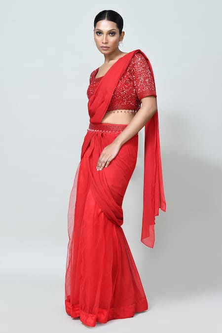 Buy_Sayisha_Red Georgette, Net Sequins, Beads Pre-draped Saree With Embroidered Blouse _Online_at_Aza_Fashions