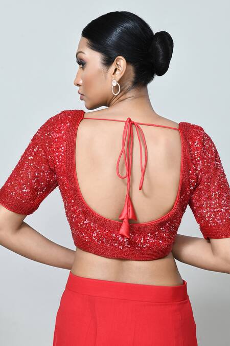 Sayisha_Red Georgette, Net Sequins, Beads Pre-draped Saree With Embroidered Blouse _at_Aza_Fashions
