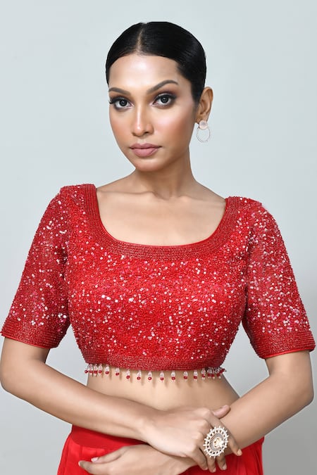 Buy_Sayisha_Red Georgette, Net Sequins, Beads Pre-draped Saree With Embroidered Blouse 