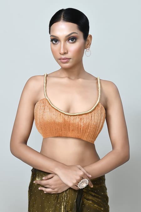 Sayisha_Brown Silk, Tissue Scoop Neck Embellished Draped Saree With Blouse _Online_at_Aza_Fashions