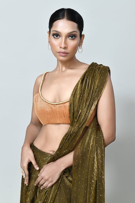 Shop_Sayisha_Brown Silk, Tissue Scoop Neck Embellished Draped Saree With Blouse _Online_at_Aza_Fashions