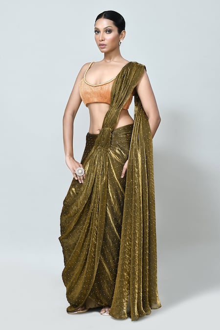 Sayisha_Brown Silk, Tissue Scoop Neck Embellished Draped Saree With Blouse _at_Aza_Fashions