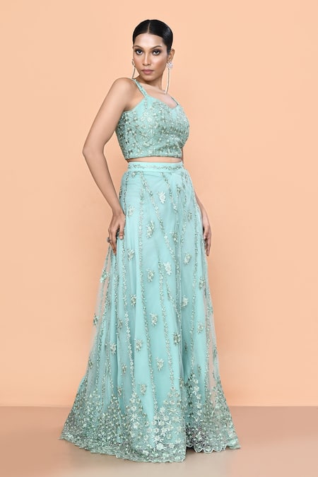Sayisha_Aqua Net Embroidery Sweetheart Neck Floret Palazzo And Top Set _Online_at_Aza_Fashions