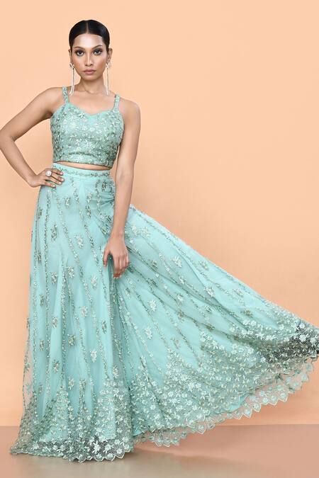 Sayisha_Aqua Net Embroidery Sweetheart Neck Floret Palazzo And Top Set _at_Aza_Fashions