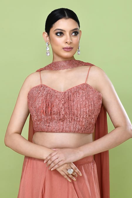 Sayisha_Coral Chinon, Chiffon, Lace Lace, Embroidery Sweetheart Neck Solid Lehenga Set _Online_at_Aza_Fashions