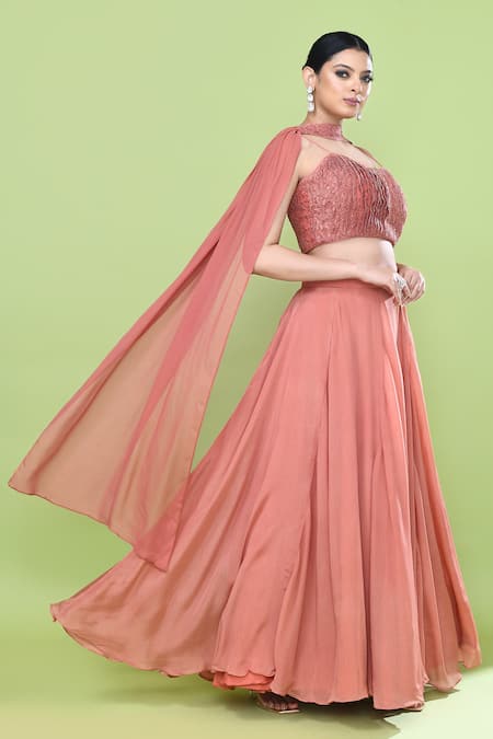 Shop_Sayisha_Coral Chinon, Chiffon, Lace Lace, Embroidery Sweetheart Neck Solid Lehenga Set _Online_at_Aza_Fashions