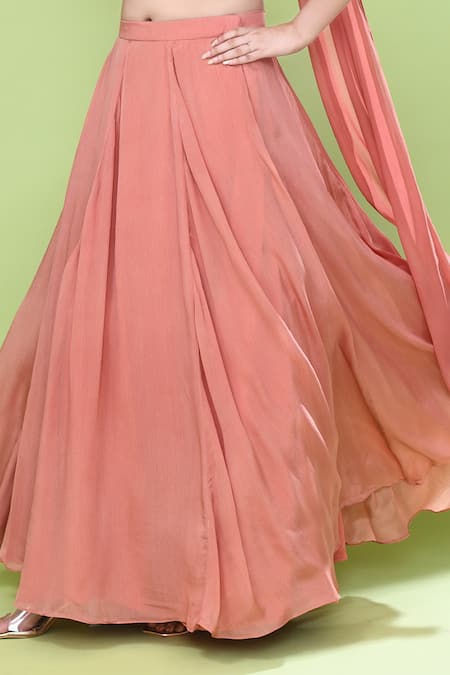 Sayisha_Coral Chinon, Chiffon, Lace Lace, Embroidery Sweetheart Neck Solid Lehenga Set _at_Aza_Fashions