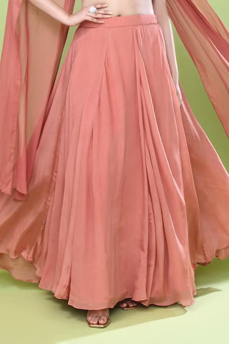 Buy_Sayisha_Coral Chinon, Chiffon, Lace Lace, Embroidery Sweetheart Neck Solid Lehenga Set 