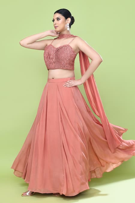 Shop_Sayisha_Coral Chinon, Chiffon, Lace Lace, Embroidery Sweetheart Neck Solid Lehenga Set 
