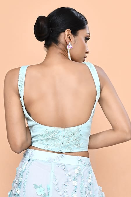 Sayisha_Sky Blue Net Applique, Embroidery, Sequins Sweetheart Floral Palazzo And Top Set _Online_at_Aza_Fashions