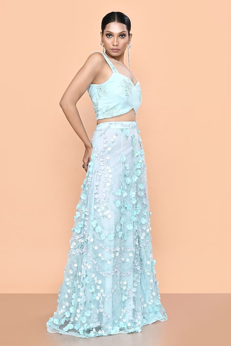 Buy_Sayisha_Sky Blue Net Applique, Embroidery, Sequins Sweetheart Floral Palazzo And Top Set _Online_at_Aza_Fashions