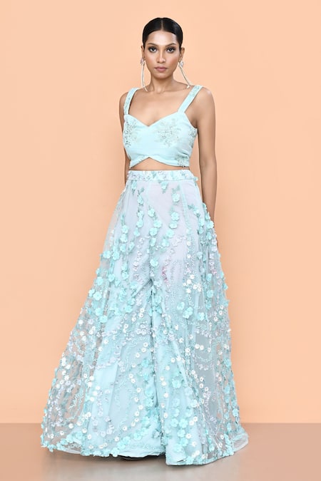 Shop_Sayisha_Sky Blue Net Applique, Embroidery, Sequins Sweetheart Floral Palazzo And Top Set _Online_at_Aza_Fashions