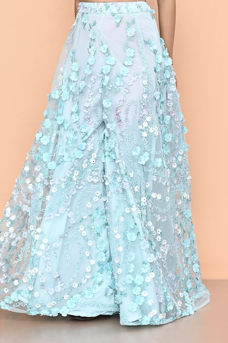 Buy_Sayisha_Sky Blue Net Applique, Embroidery, Sequins Sweetheart Floral Palazzo And Top Set 