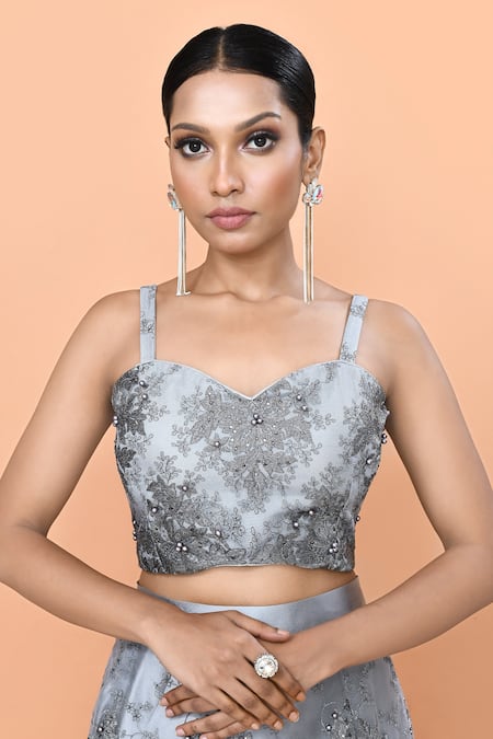 Sayisha_Gray Net Embroidery, Beads, Sequins Sweetheart Neck Floral And Work Lehenga Set _Online_at_Aza_Fashions