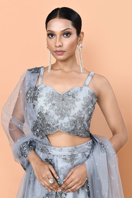Shop_Sayisha_Gray Net Embroidery, Beads, Sequins Sweetheart Neck Floral And Work Lehenga Set _Online_at_Aza_Fashions