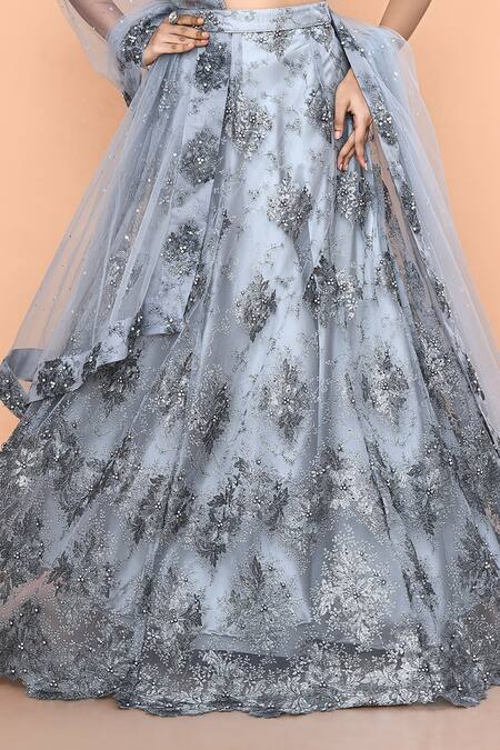 Buy_Sayisha_Gray Net Embroidery, Beads, Sequins Sweetheart Neck Floral And Work Lehenga Set 