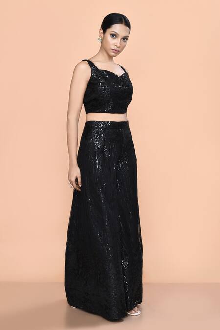 Sayisha_Black Net Sequins, Embroidery Sweetheart Neck Embellished Palazzo And Crop Top Set _Online_at_Aza_Fashions