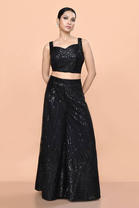 Shop_Sayisha_Black Net Sequins, Embroidery Sweetheart Neck Embellished Palazzo And Crop Top Set _Online_at_Aza_Fashions