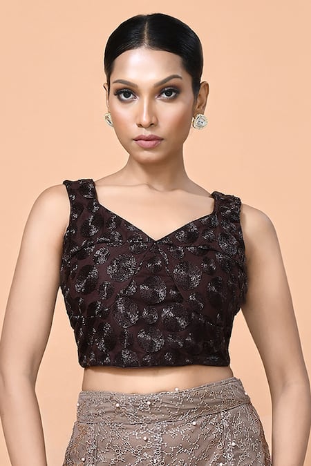 Sayisha_Brown Net Embroidery, Pearls Sweetheart Neck Embellished Palazzo And Crop Top Set _Online_at_Aza_Fashions
